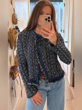 Maje Blue and White Tweed Fringe Jacket